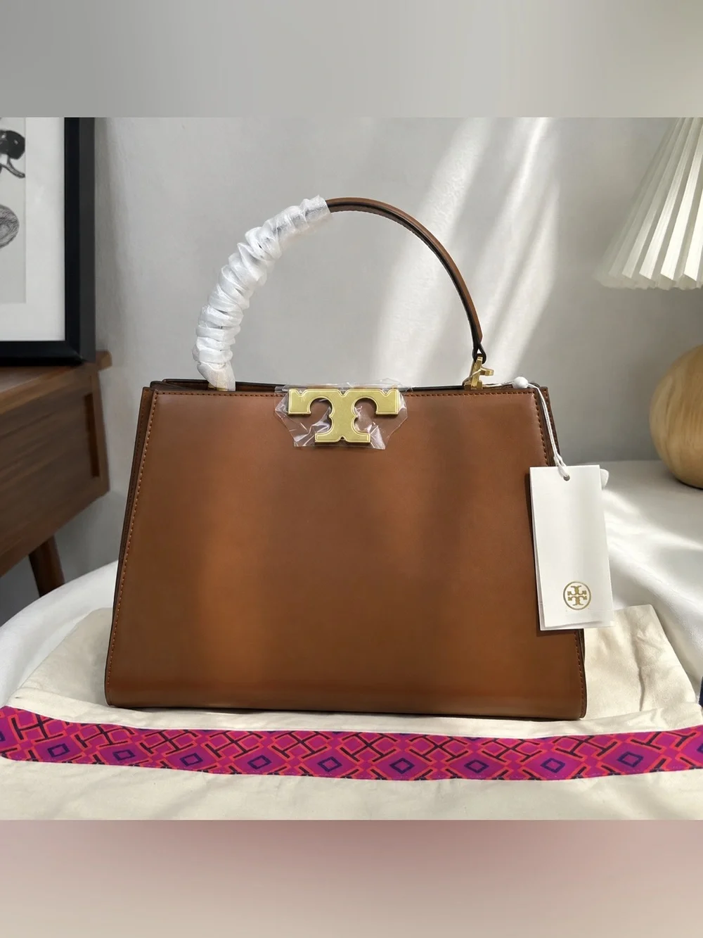 Tory Burch Brown Leather Top-Handle Satchel with Gold Hardware